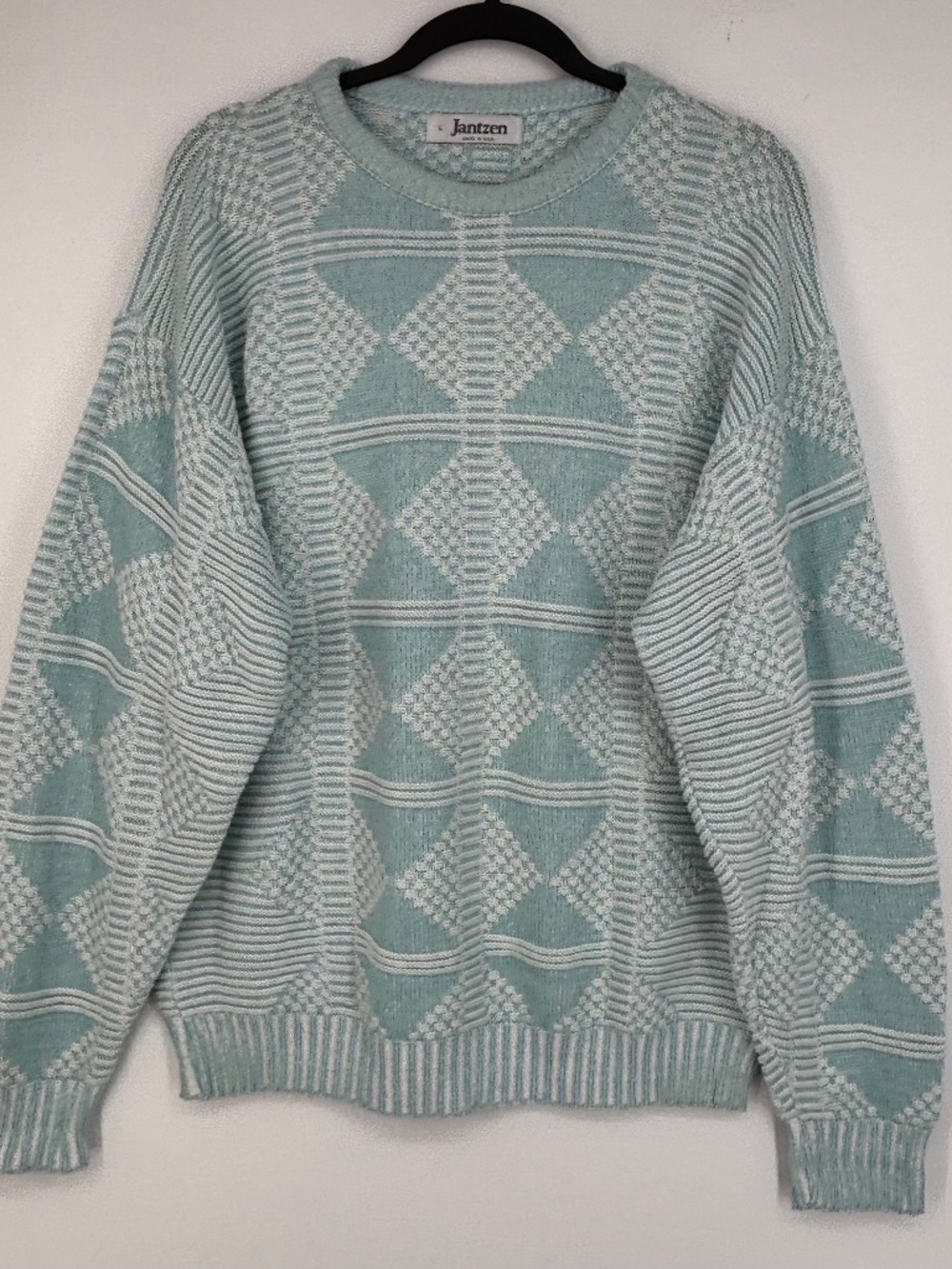 Jantzen Mens Large Pullover Sweater Light Aqua Blue White Geometric Pattern LS